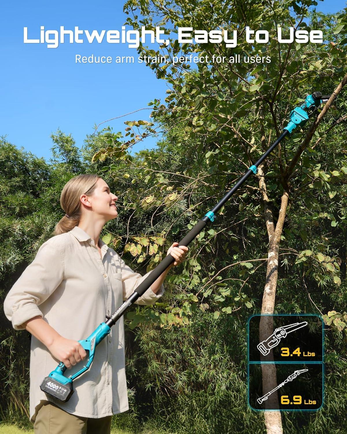 image:imageSEESII 2in1 Electric Pole Saws Brushless Mini Chainsaw Cordless 6 Inch 2 x 4000mAh Batteries Pole Saw for Tree TrimmingHand held Chain Saw with Extension Pole for Tree Limb Branch CutterP6 AceDeep Blue