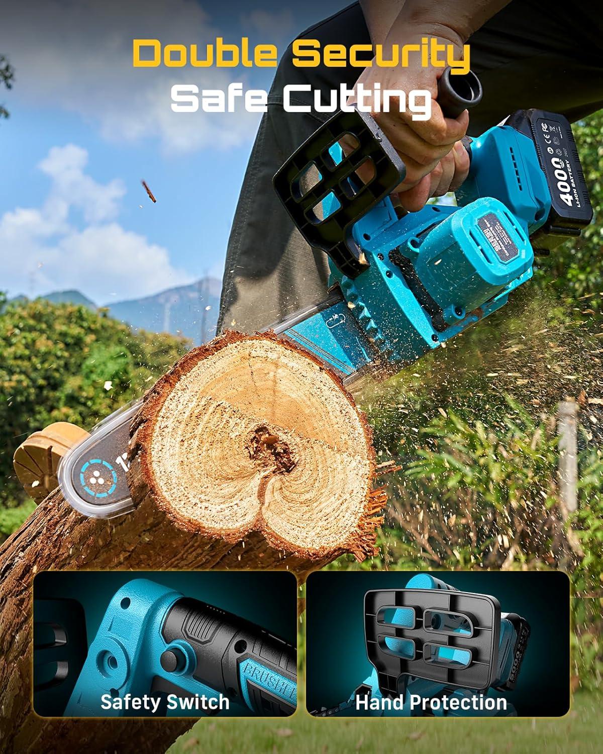 image:imageSEESII 2in1 Electric Pole Saws Brushless Mini Chainsaw Cordless 6 Inch 2 x 4000mAh Batteries Pole Saw for Tree TrimmingHand held Chain Saw with Extension Pole for Tree Limb Branch CutterP6 AceIce Blue