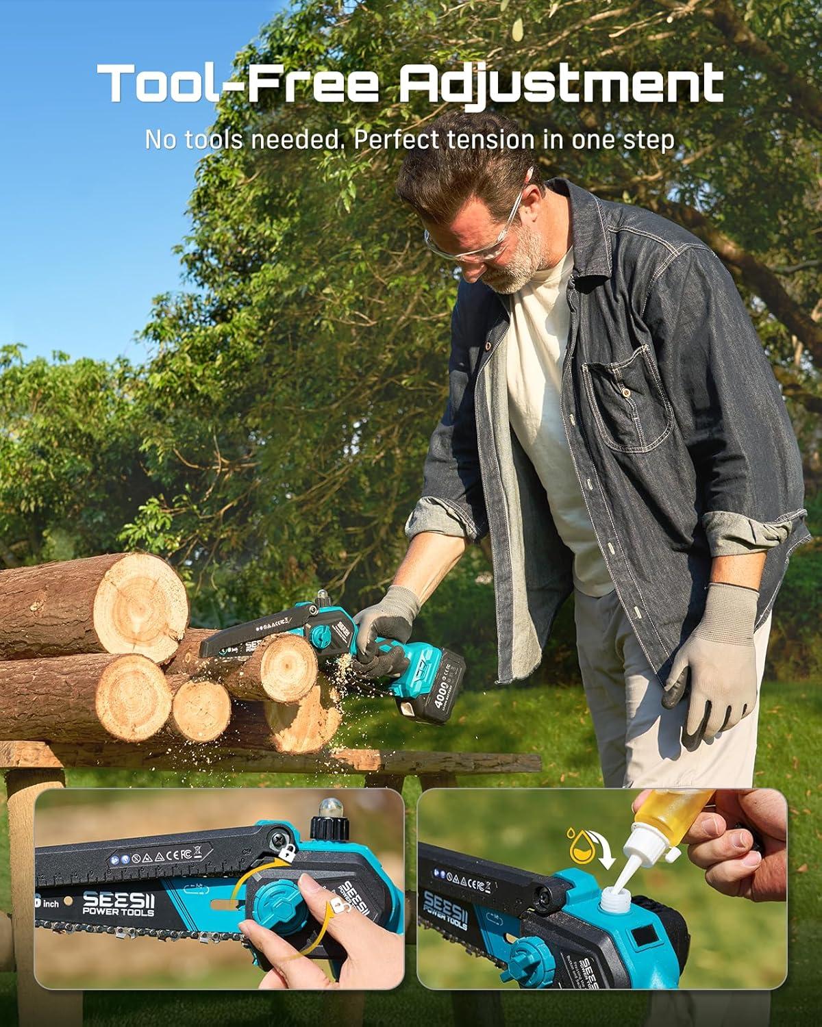 image:imageSEESII 2in1 Electric Pole Saws Brushless Mini Chainsaw Cordless 6 Inch 2 x 4000mAh Batteries Pole Saw for Tree TrimmingHand held Chain Saw with Extension Pole for Tree Limb Branch CutterP6 AceDeep Blue