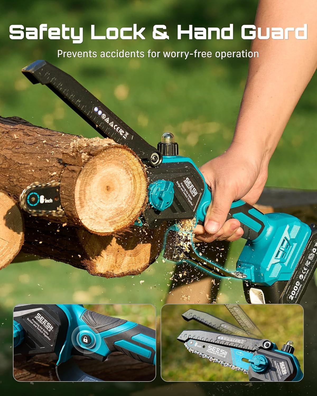 image:imageSEESII 2in1 Electric Pole Saws Brushless Mini Chainsaw Cordless 6 Inch 2 x 4000mAh Batteries Pole Saw for Tree TrimmingHand held Chain Saw with Extension Pole for Tree Limb Branch CutterP6 AceDeep Blue