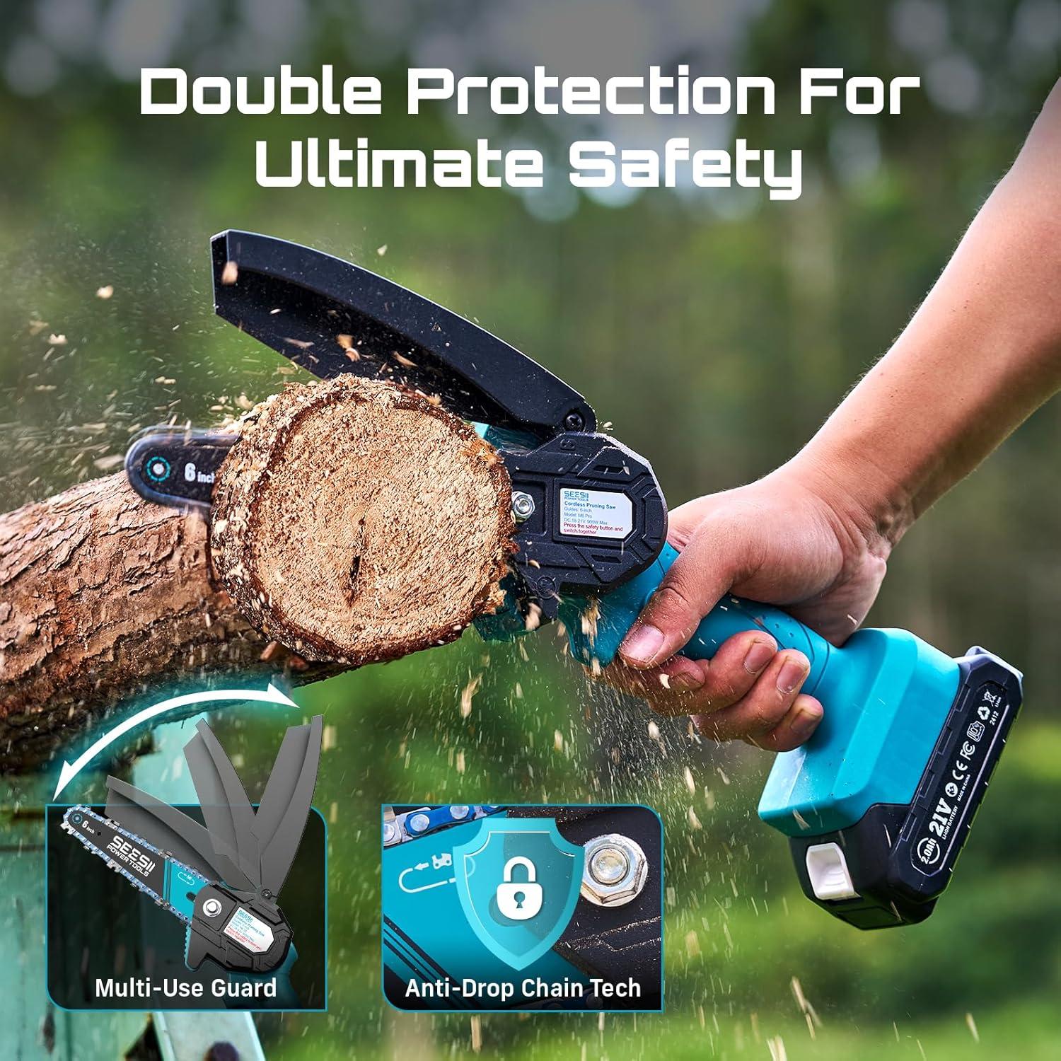 image:imageSEESII 2in1 Electric Pole Saws Brushless Mini Chainsaw Cordless 6 Inch 2 x 4000mAh Batteries Pole Saw for Tree TrimmingHand held Chain Saw with Extension Pole for Tree Limb Branch CutterP6 AceBlue