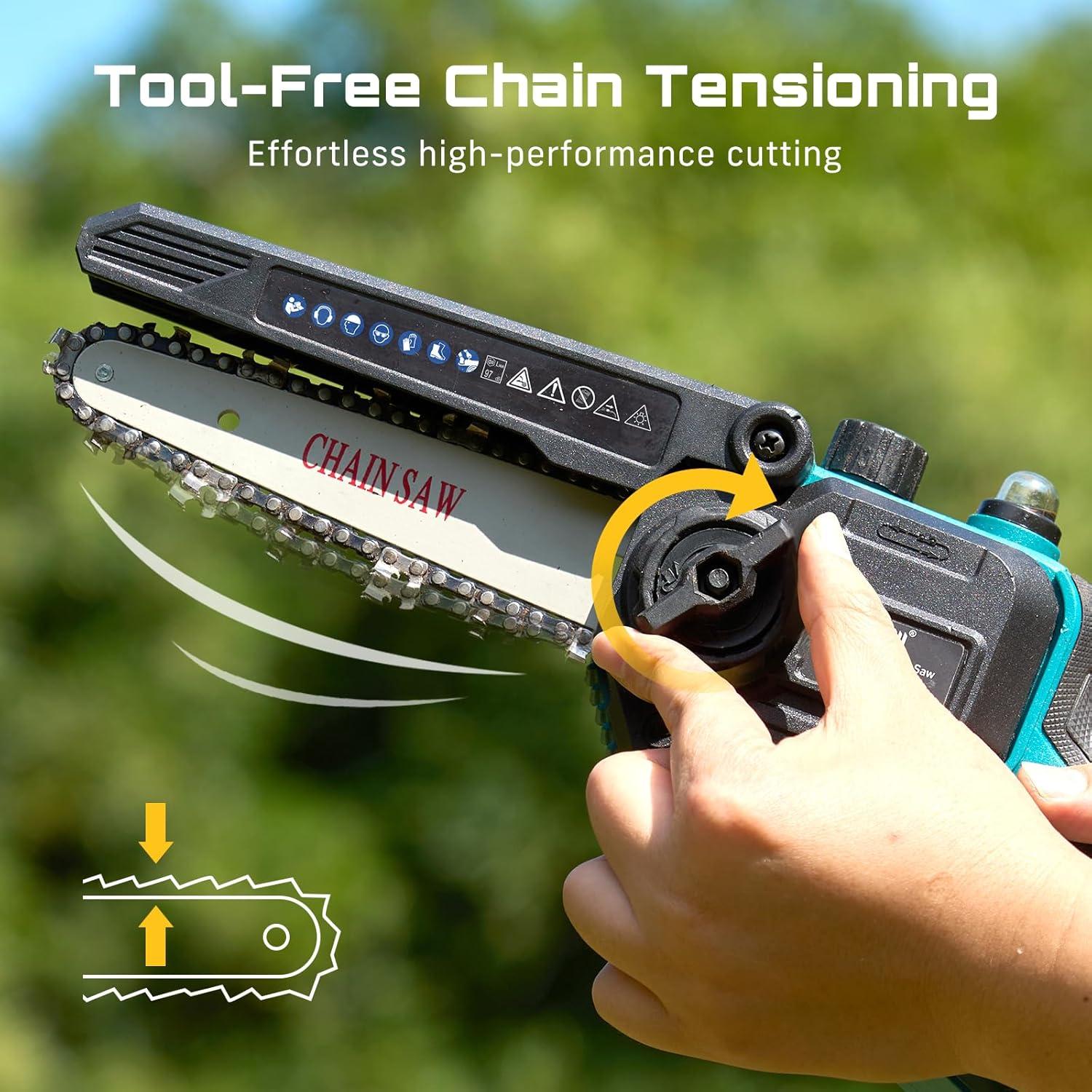 image:imageSEESII 2in1 Electric Pole Saws Brushless Mini Chainsaw Cordless 6 Inch 2 x 4000mAh Batteries Pole Saw for Tree TrimmingHand held Chain Saw with Extension Pole for Tree Limb Branch CutterP6 AceCobalt Blue