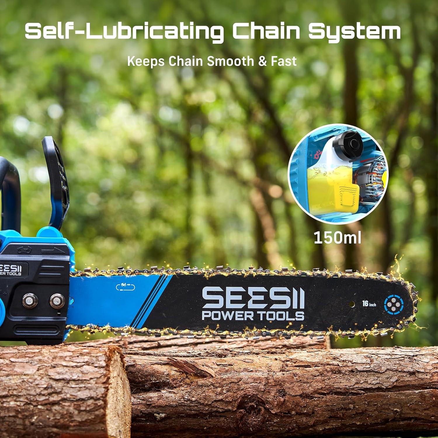image:imageSEESII 40V 16Inch Cordless Chainsaw Brushless Electric Chain Saws with 240Ah Batteries amp Charger ToolFree Chain Tension Auto Oiling for Tree Trimming Wood Cutting Yard Work40V16 INCH