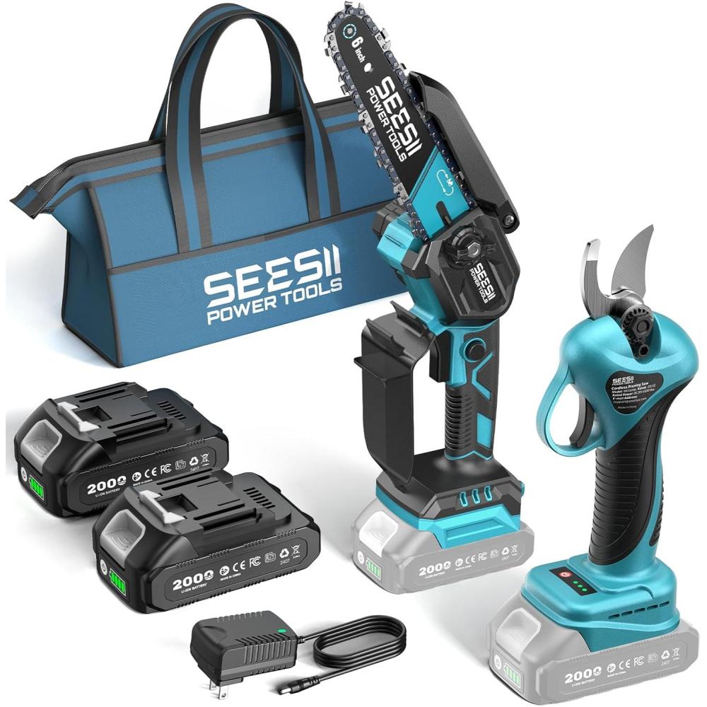 image:imageSEESII 2in1 Electric Pole Saws Brushless Mini Chainsaw Cordless 6 Inch 2 x 4000mAh Batteries Pole Saw for Tree TrimmingHand held Chain Saw with Extension Pole for Tree Limb Branch CutterP6 AceNavy Blue