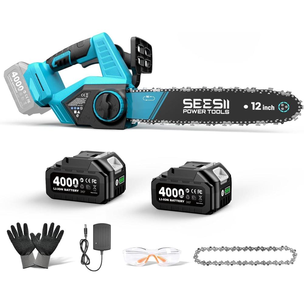 image:imageSEESII 2in1 Electric Pole Saws Brushless Mini Chainsaw Cordless 6 Inch 2 x 4000mAh Batteries Pole Saw for Tree TrimmingHand held Chain Saw with Extension Pole for Tree Limb Branch CutterP6 AceIce Blue