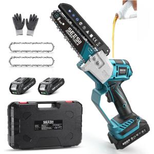 SEESII 2-in-1 Electric Pole Saws: Brushless Mini Chainsaw Cordless 6 Inch, 2 x 4000mAh Batteries, Pole Saw for Tree Trimming,Hand held Chain Saw with Extension Pole for Tree Limb Branch Cutter,P6 Ace(Steel Blue)
