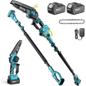 SEESII 2-in-1 Electric Pole Saws: Brushless Mini Chainsaw Cordless 6 Inch, 2 x 4000mAh Batteries, Pole Saw for Tree Trimming,Hand held Chain Saw with Extension Pole for Tree Limb Branch Cutter,P6 Ace(Deep Blue)