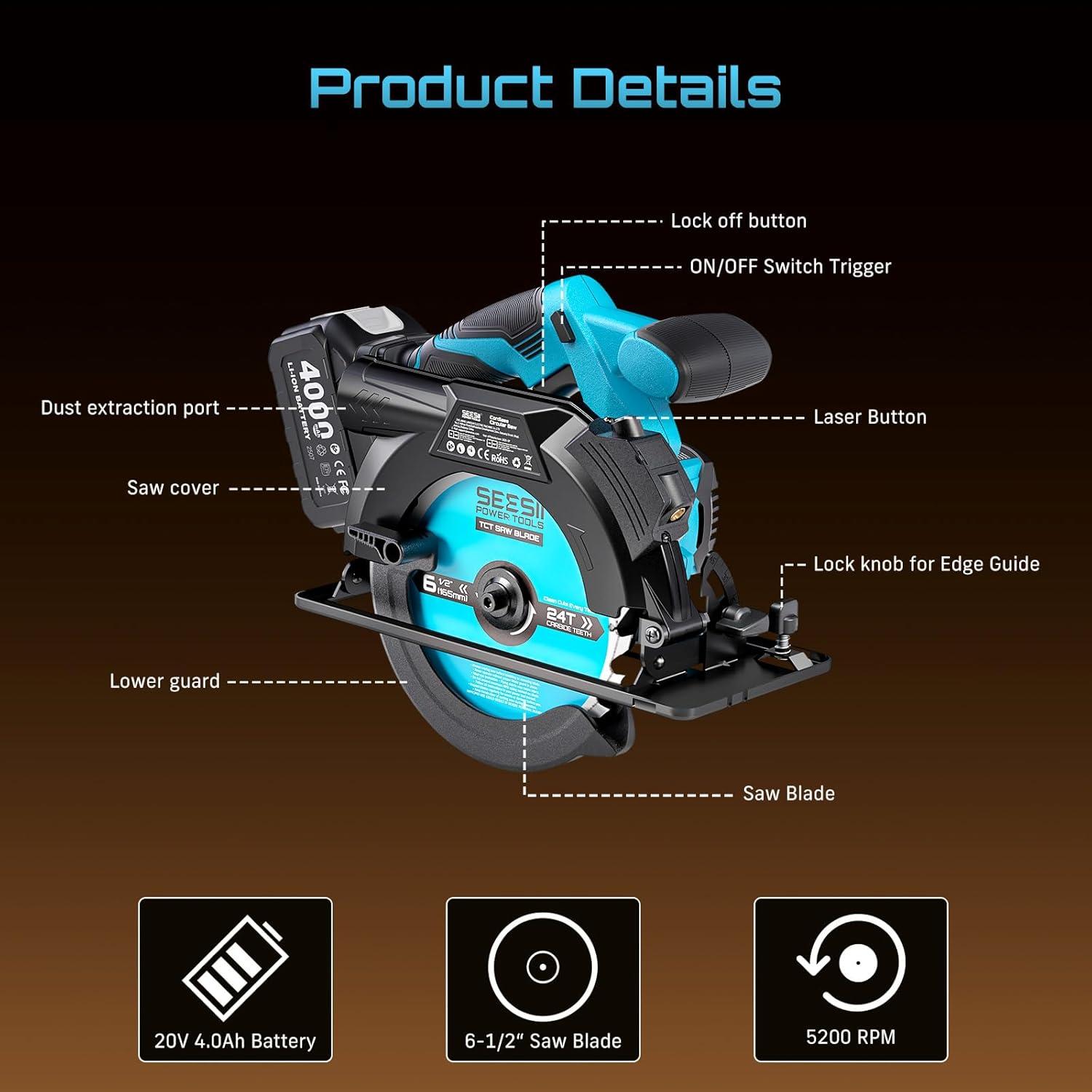 image:imageSeesii 612 Cordless Circular Saw with Laser 5200 RPM Electric Compact Saw with 2x 40Ah Batteries and Charger Lightweight and Power Design for Wood Cutting DIY Framing amp Home Renovation612 cordless
