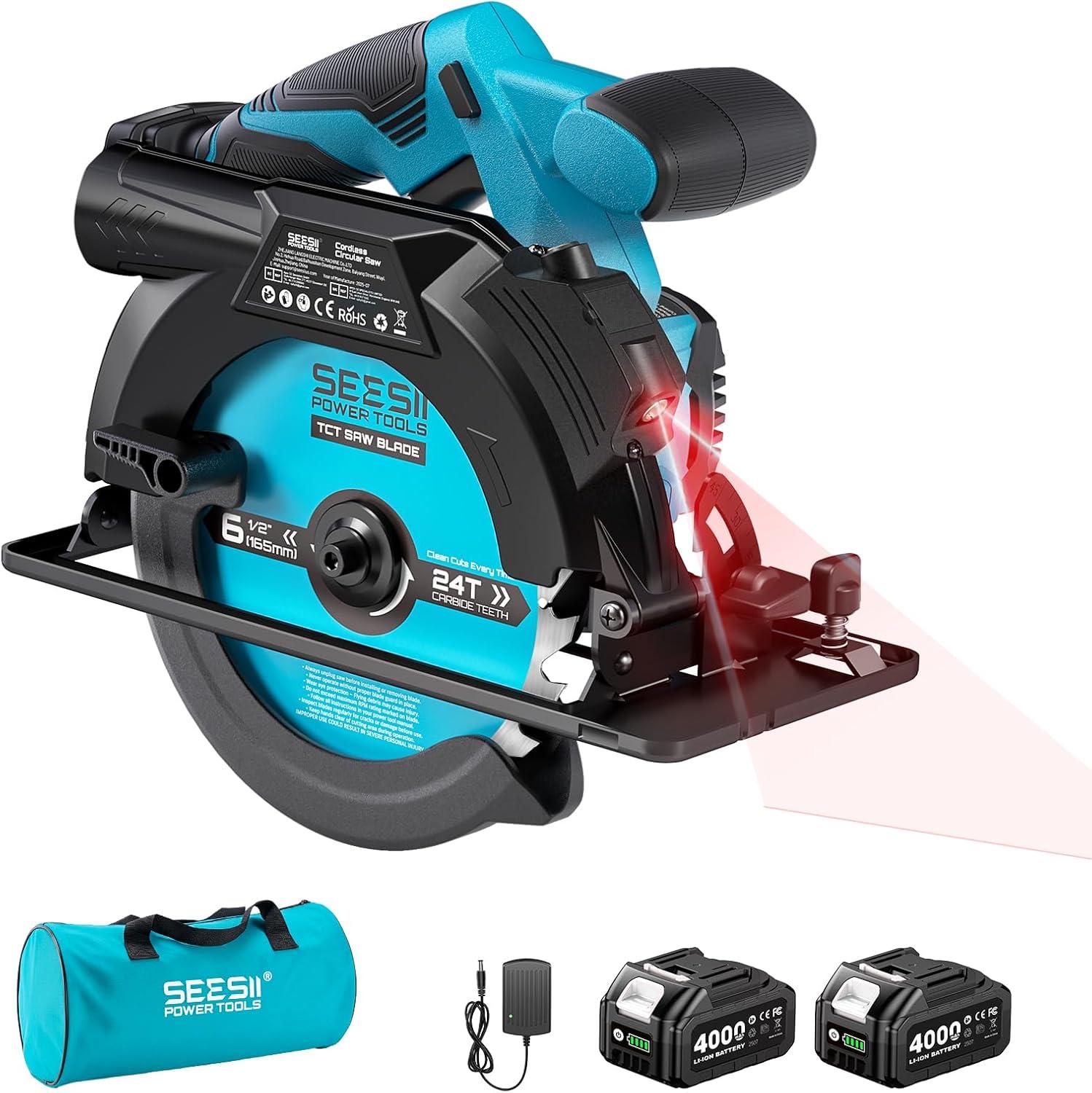 image:imageSeesii 612 Cordless Circular Saw with Laser 5200 RPM Electric Compact Saw with 2x 40Ah Batteries and Charger Lightweight and Power Design for Wood Cutting DIY Framing amp Home Renovation612 cordless