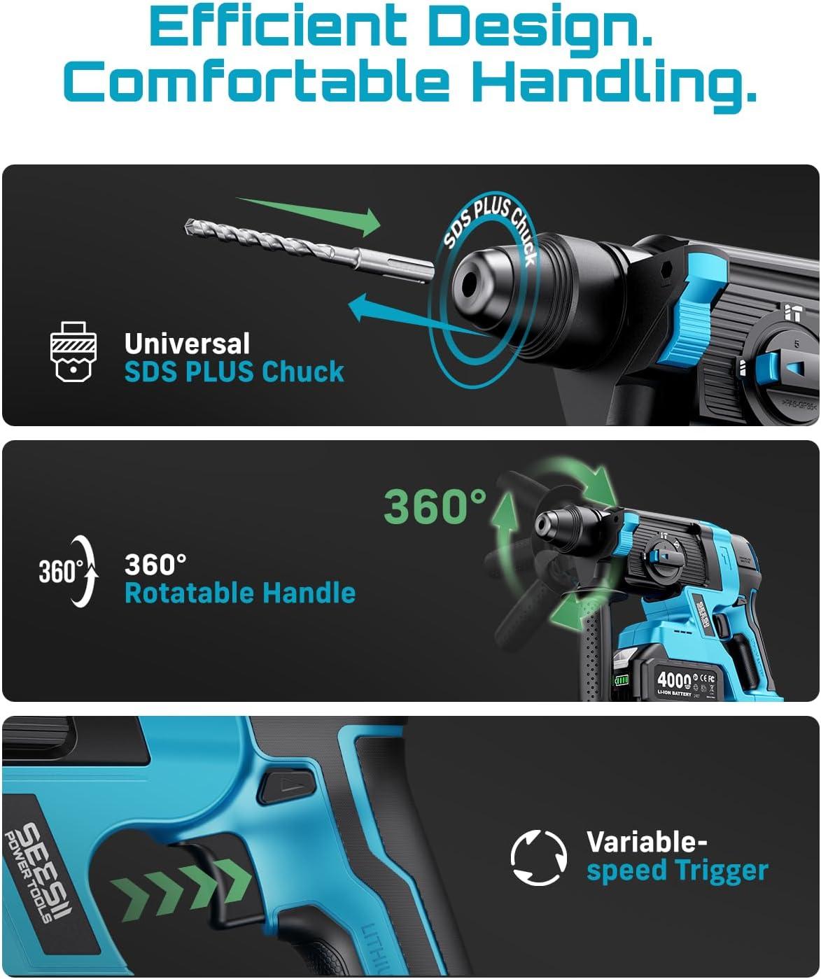 image:imageSeesii 1Inch Cordless SDSPlus Rotary Hammer Drill 28J Impact Energy Brushless Motor 4Mode with Safety Clutch 2 x 40Ah Batteries amp ChiselBit Set for Concrete Drilling amp Home RenovationBlue