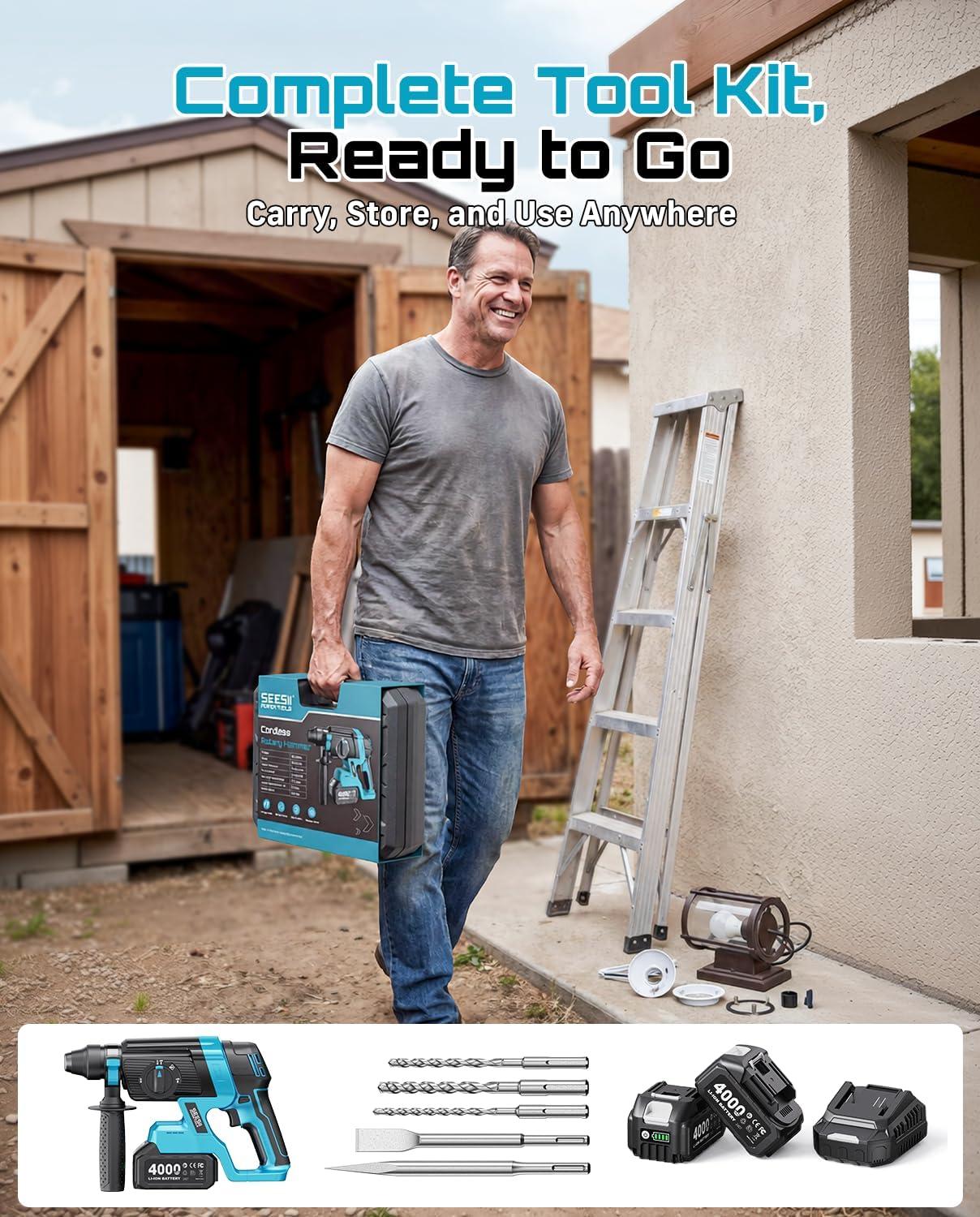 image:imageSeesii 1Inch Cordless SDSPlus Rotary Hammer Drill 28J Impact Energy Brushless Motor 4Mode with Safety Clutch 2 x 40Ah Batteries amp ChiselBit Set for Concrete Drilling amp Home RenovationBlue