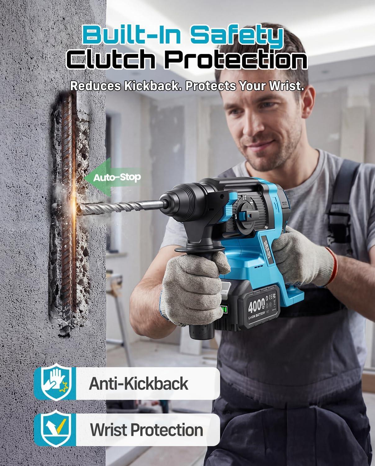 image:imageSeesii 1Inch Cordless SDSPlus Rotary Hammer Drill 28J Impact Energy Brushless Motor 4Mode with Safety Clutch 2 x 40Ah Batteries amp ChiselBit Set for Concrete Drilling amp Home RenovationBlue