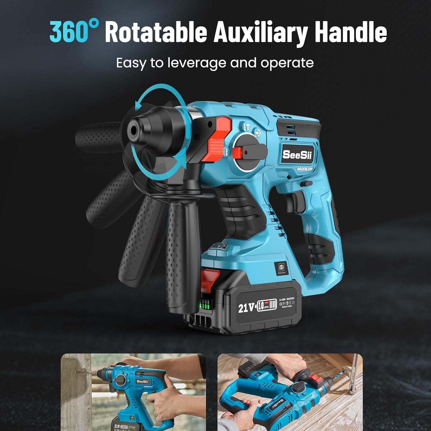 image:imageSeesii Cordless SDSPlus Rotary Hammer Drill for Concrete 2 40Ah Batteries Includes 3 Drill Bits Flat amp Point Chisels Lightweight Power Tool for Home Improvement DIY amp MasonryBlue