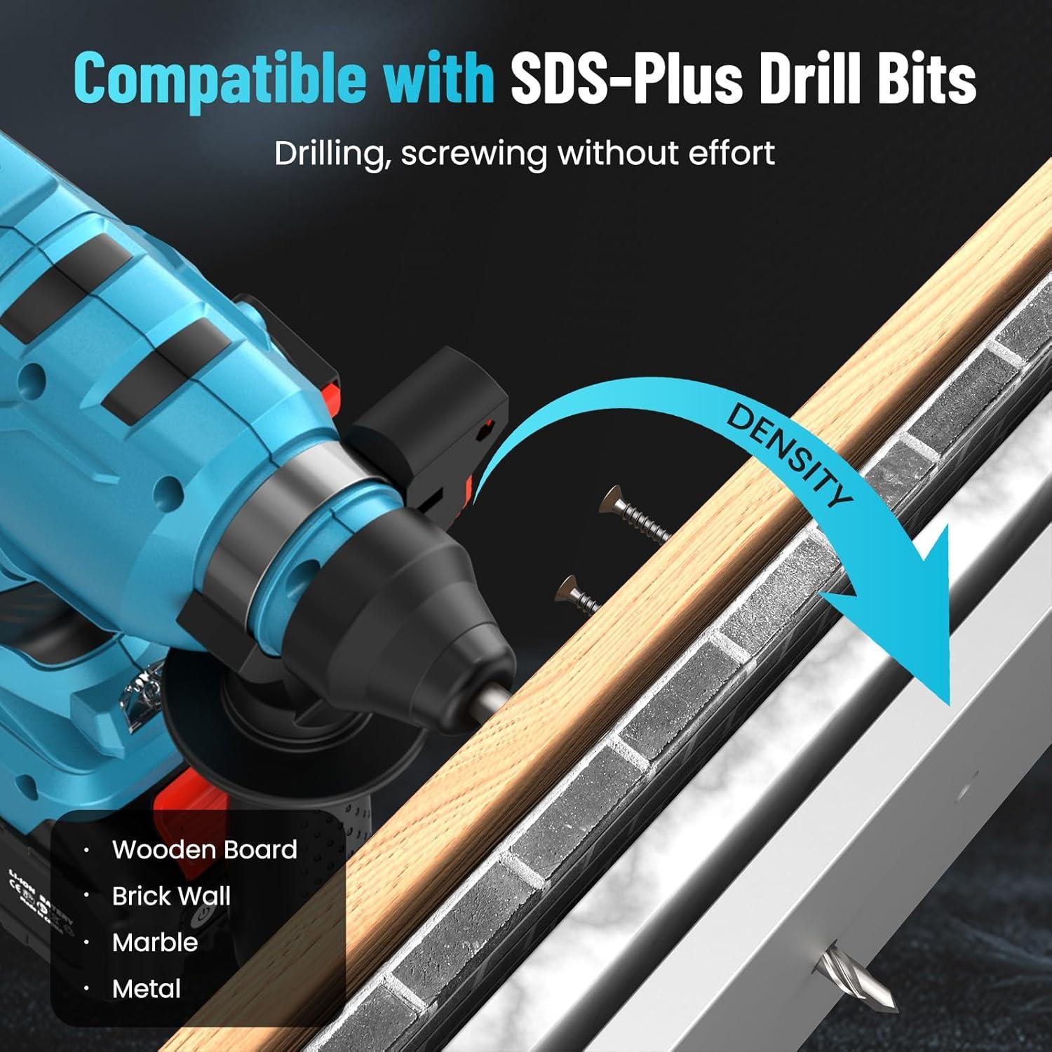 image:imageSeesii Cordless SDSPlus Rotary Hammer Drill for Concrete 2 40Ah Batteries Includes 3 Drill Bits Flat amp Point Chisels Lightweight Power Tool for Home Improvement DIY amp MasonryBlue