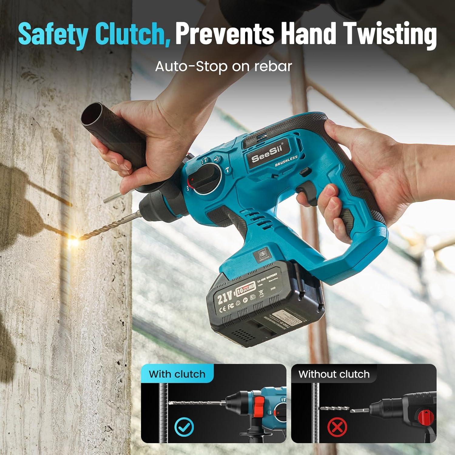 image:imageSeesii Cordless SDSPlus Rotary Hammer Drill for Concrete 2 40Ah Batteries Includes 3 Drill Bits Flat amp Point Chisels Lightweight Power Tool for Home Improvement DIY amp MasonryBlue