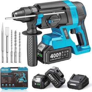 Seesii 1-Inch Cordless SDS-Plus Rotary Hammer Drill, 2.8J Impact Energy Brushless Motor, 4-Mode with Safety Clutch, 2 x 4.0Ah Batteries & Chisel/Bit Set for Concrete Drilling & Home Renovation(Blue)
