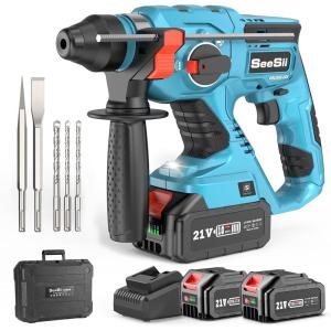 Seesii Cordless SDS-Plus Rotary Hammer Drill for Concrete, 2 × 4.0Ah Batteries, Includes 3 Drill Bits, Flat & Point Chisels, Lightweight Power Tool for Home Improvement, DIY & Masonry(Blue)