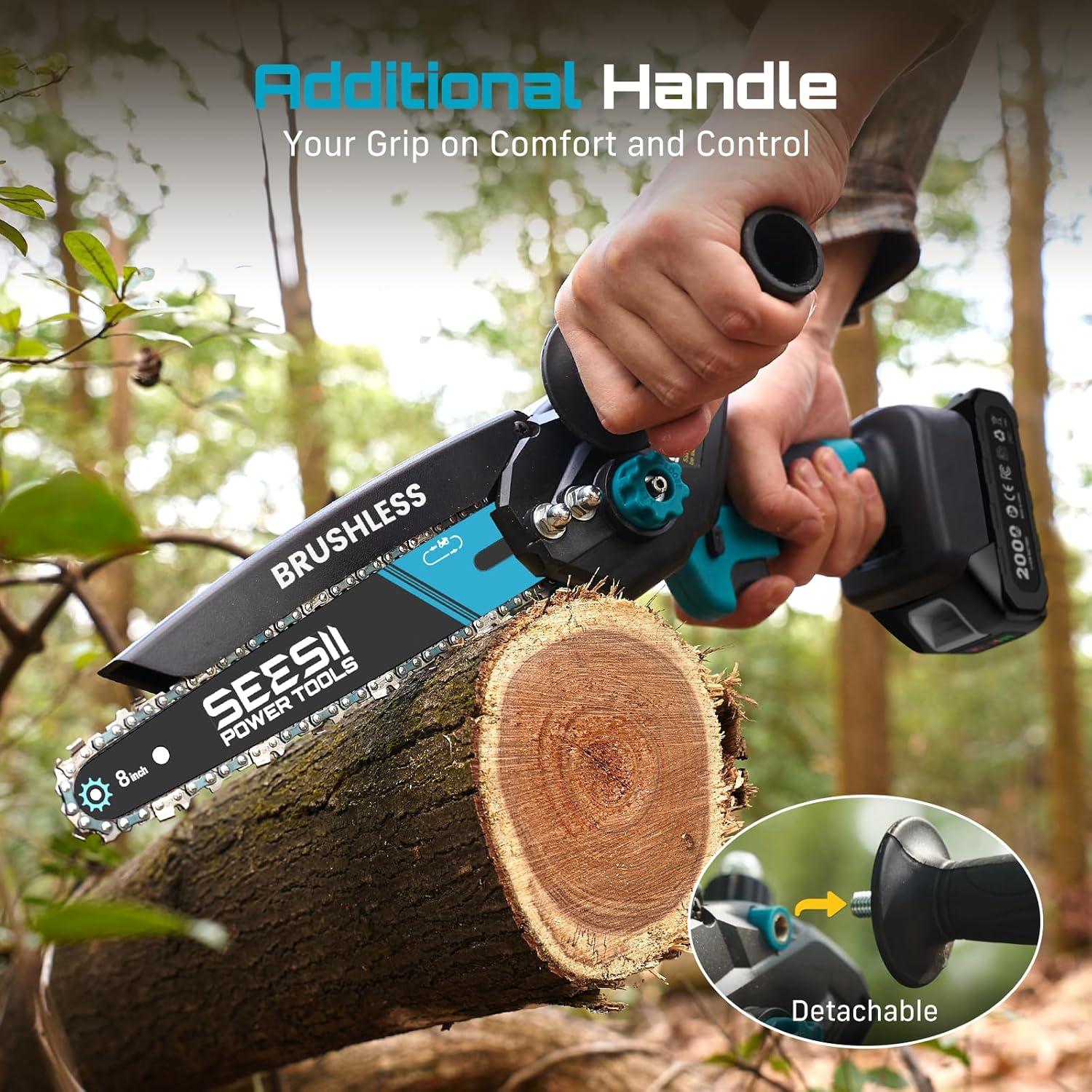 image:imageSeesii Mini Chainsaw Cordless 8 Inch amp 6 Inch Electric Chainsaw with 2 Batteries amp Auto Oiler 1000W Brushless Handheld Chain Saw for Tree Branch Wood Cutting Garden Tools Gift for Men Dad Husband6 8 M8 Ace w 2 x 20 AH Battery
