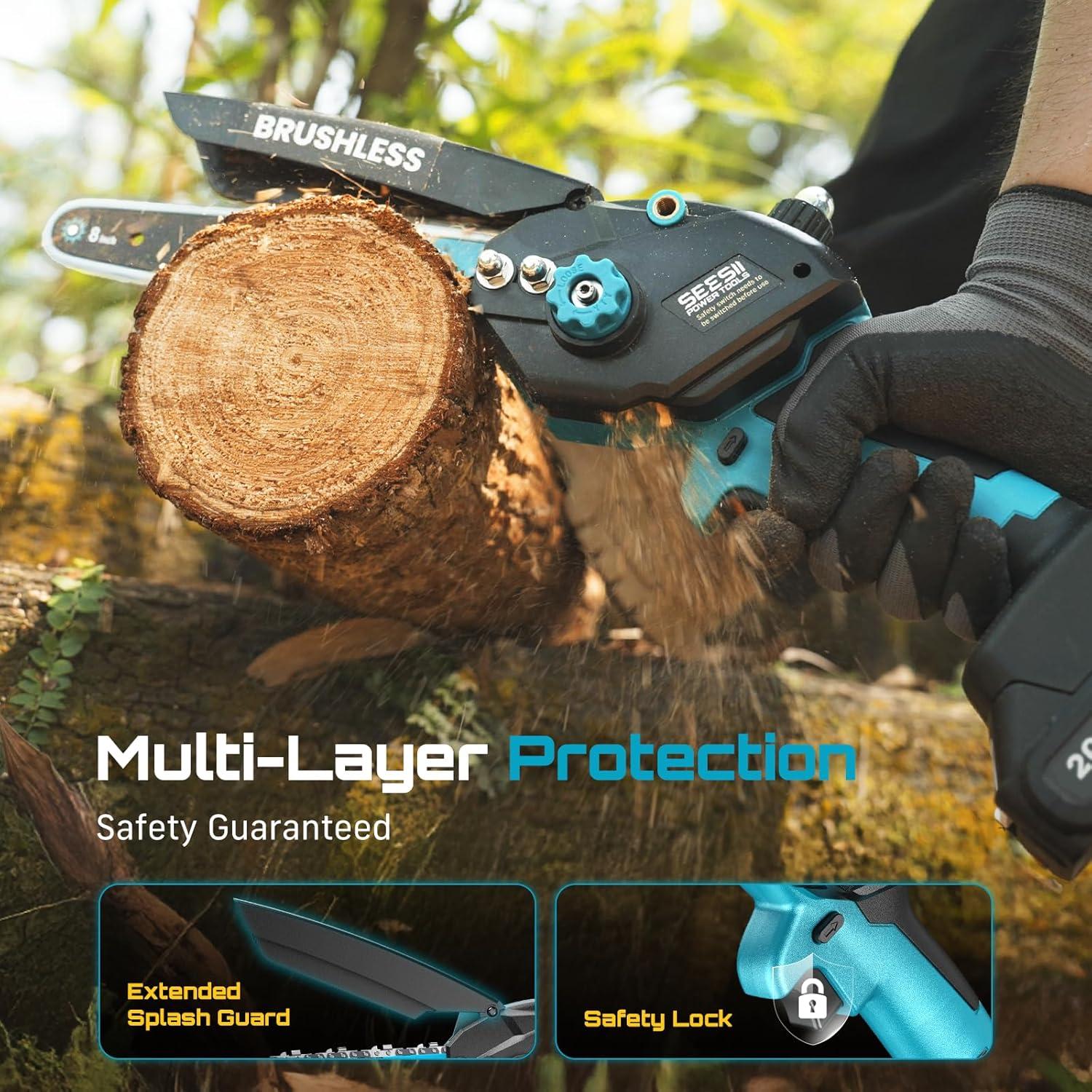 image:imageSeesii Mini Chainsaw Cordless 8 Inch amp 6 Inch Electric Chainsaw with 2 Batteries amp Auto Oiler 1000W Brushless Handheld Chain Saw for Tree Branch Wood Cutting Garden Tools Gift for Men Dad Husband6 8 M8 Ace w 2 x 20 AH Battery