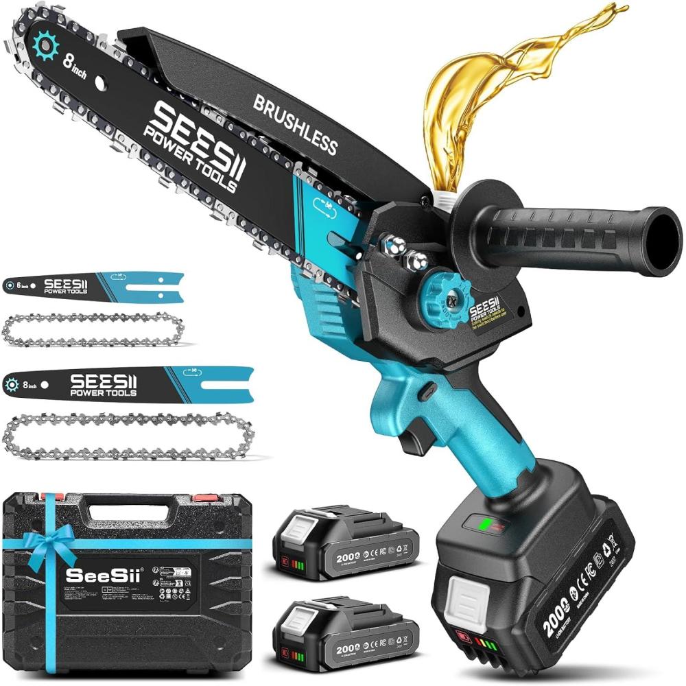 image:imageSeesii Mini Chainsaw Cordless 8 Inch amp 6 Inch Electric Chainsaw with 2 Batteries amp Auto Oiler 1000W Brushless Handheld Chain Saw for Tree Branch Wood Cutting Garden Tools Gift for Men Dad Husband6 8 M8 Ace w 2 x 20 AH Battery
