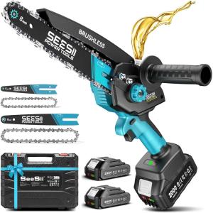 Seesii Mini Chainsaw Cordless, 8 Inch & 6 Inch Electric Chainsaw with 2 Batteries & Auto Oiler, 1000W Brushless Handheld Chain Saw for Tree Branch Wood Cutting, Garden Tools Gift for Men Dad Husband(6″ & 8″ M8 Ace w/ 2 x 2.0 AH Battery)