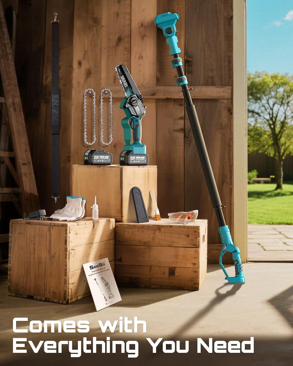 image:imageSEESII 2in1 Cordless Pole Saw amp Hedge Trimmer Combo 8 Electric Pole Chainsaw with 240 Ah Batteries 16Inch Extension Pole Hedge Trimmer Bush Tree Pruner Limb Branch Cutter 15ft Long ReachSky Blue