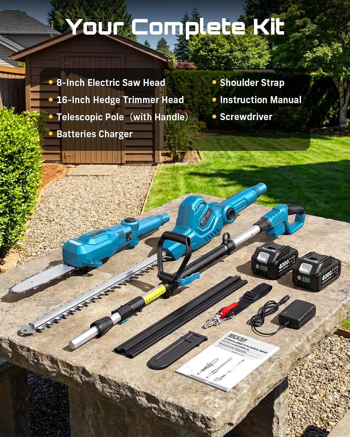 image:imageSEESII 2in1 Cordless Pole Saw amp Hedge Trimmer Combo 8 Electric Pole Chainsaw with 240 Ah Batteries 16Inch Extension Pole Hedge Trimmer Bush Tree Pruner Limb Branch Cutter 15ft Long ReachBright Blue