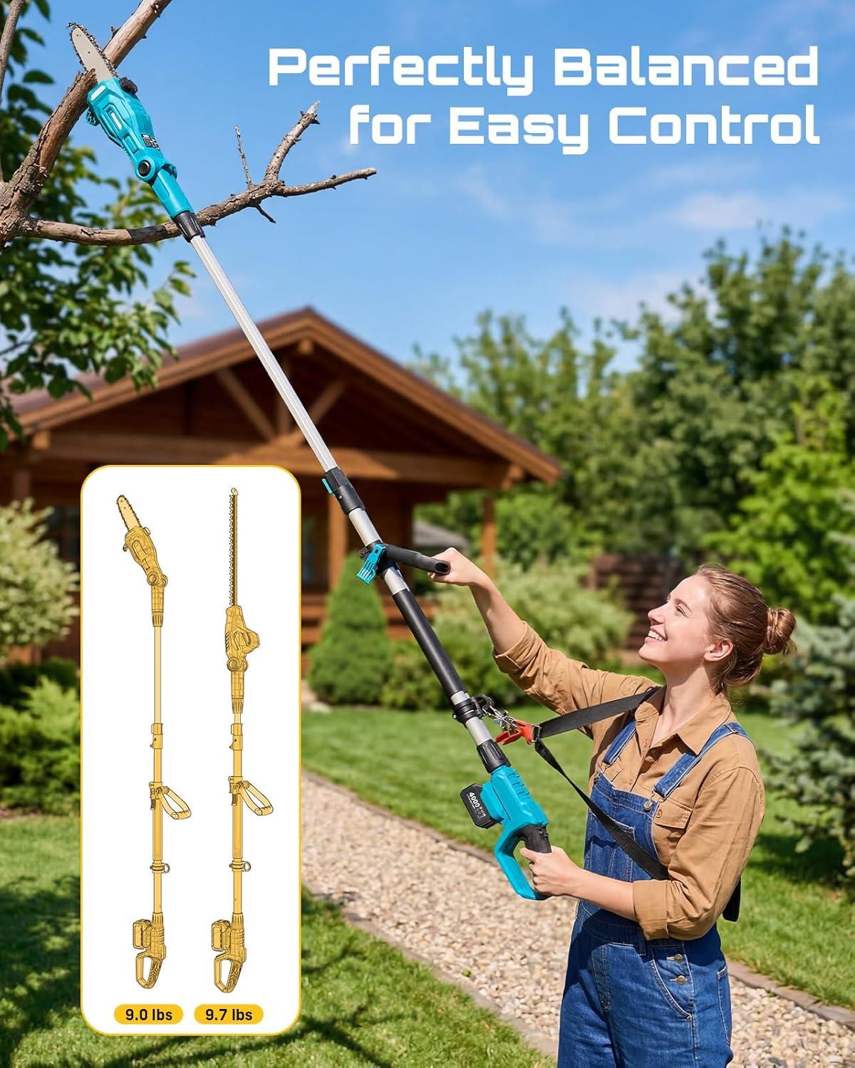 image:imageSEESII 2in1 Cordless Pole Saw amp Hedge Trimmer Combo 8 Electric Pole Chainsaw with 240 Ah Batteries 16Inch Extension Pole Hedge Trimmer Bush Tree Pruner Limb Branch Cutter 15ft Long ReachBright Blue