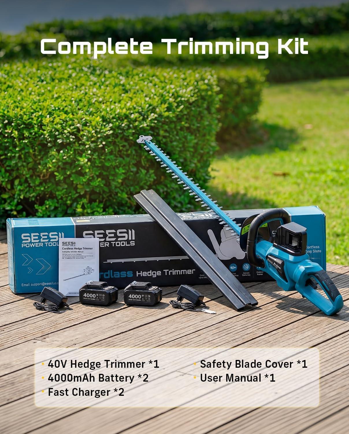 image:imageSEESII 40V Hedge Trimmer Cordless 24 Electric Hedge Trimmer 26000 RPM Bush Trimmer with 2 Pcs 4000mAh Batteries Operation 80 Mins Runtime Shrub Trimmer with 180 Rotatable Head 1 Blade Gap Blue