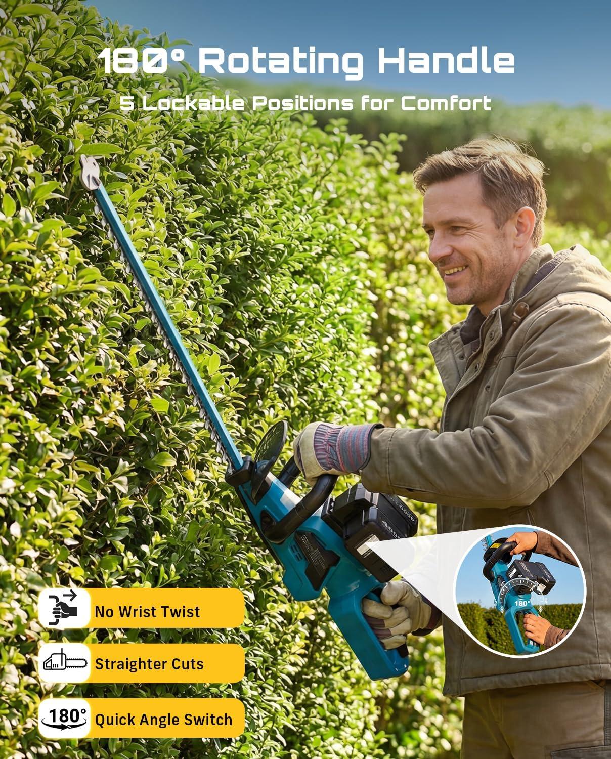 image:imageSEESII 40V Hedge Trimmer Cordless 24 Electric Hedge Trimmer 26000 RPM Bush Trimmer with 2 Pcs 4000mAh Batteries Operation 80 Mins Runtime Shrub Trimmer with 180 Rotatable Head 1 Blade Gap Blue