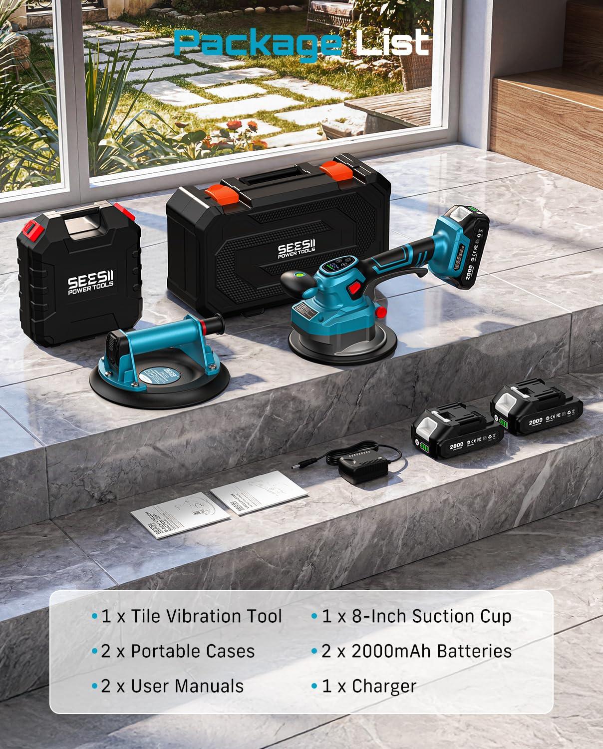 image:imageSEESII Suction Cup amp Tile Vibration Tool Combo 57 Tile Vibrator with 2X 2000mAh Batteries 10 Speeds 8 Vacuum Suction Lifte for GlassTile Installers Contractors DIYer 440LBS Max Load