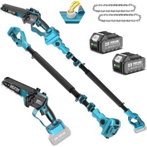 SEESII 2-in-1 Cordless Pole Saw & Hedge Trimmer Combo, 8″ Electric Pole Chainsaw with 2×4.0 Ah Batteries, 16-Inch Extension Pole Hedge Trimmer, Bush Tree Pruner Limb Branch Cutter, 15ft Long Reach(Sky Blue)