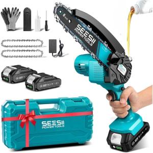 SEESII 2-in-1 Cordless Pole Saw & Hedge Trimmer Combo, 8″ Electric Pole Chainsaw with 2×4.0 Ah Batteries, 16-Inch Extension Pole Hedge Trimmer, Bush Tree Pruner Limb Branch Cutter, 15ft Long Reach(Light Blue)