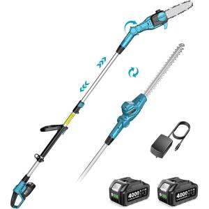 SEESII 2-in-1 Cordless Pole Saw & Hedge Trimmer Combo, 8″ Electric Pole Chainsaw with 2×4.0 Ah Batteries, 16-Inch Extension Pole Hedge Trimmer, Bush Tree Pruner Limb Branch Cutter, 15ft Long Reach(Bright Blue)