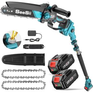 SEESII 2-in-1 Cordless Pole Saw & Hedge Trimmer Combo, 8″ Electric Pole Chainsaw with 2×4.0 Ah Batteries, 16-Inch Extension Pole Hedge Trimmer, Bush Tree Pruner Limb Branch Cutter, 15ft Long Reach(Deep Blue)