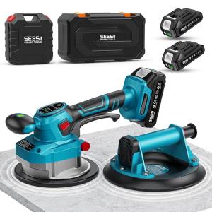 SEESII Suction Cup & Tile Vibration Tool Combo, 5.7″ Tile Vibrator with 2X 2000mAh Batteries, 10 Speeds, 8″ Vacuum Suction Lifte for Glass/Tile Installers, Contractors, DIYer, 440LBS Max Load