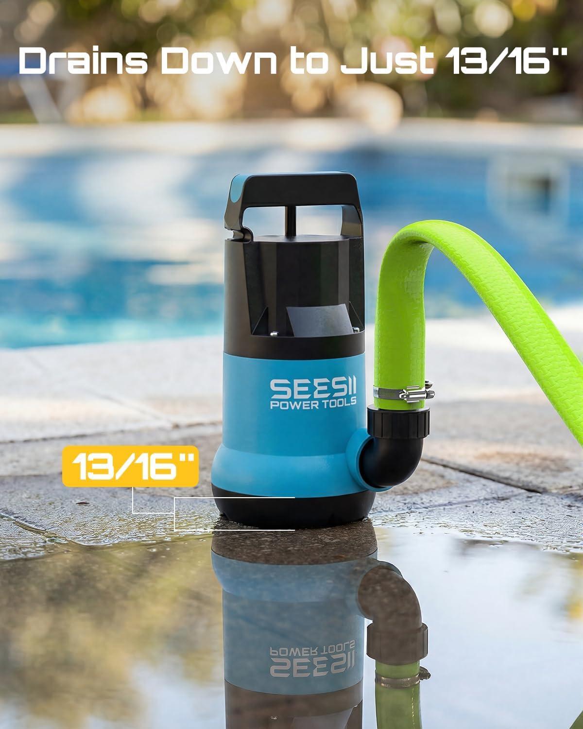 image:imageSEESII 1HP Submersible Water Pump 4755GPH High Flow Sump Pump with 23ft Hose Kit AntiClogging Filter Net for Swimming Pool Hot Tub Pond Basement Rooftop Garden Water RemovalBlue and Black