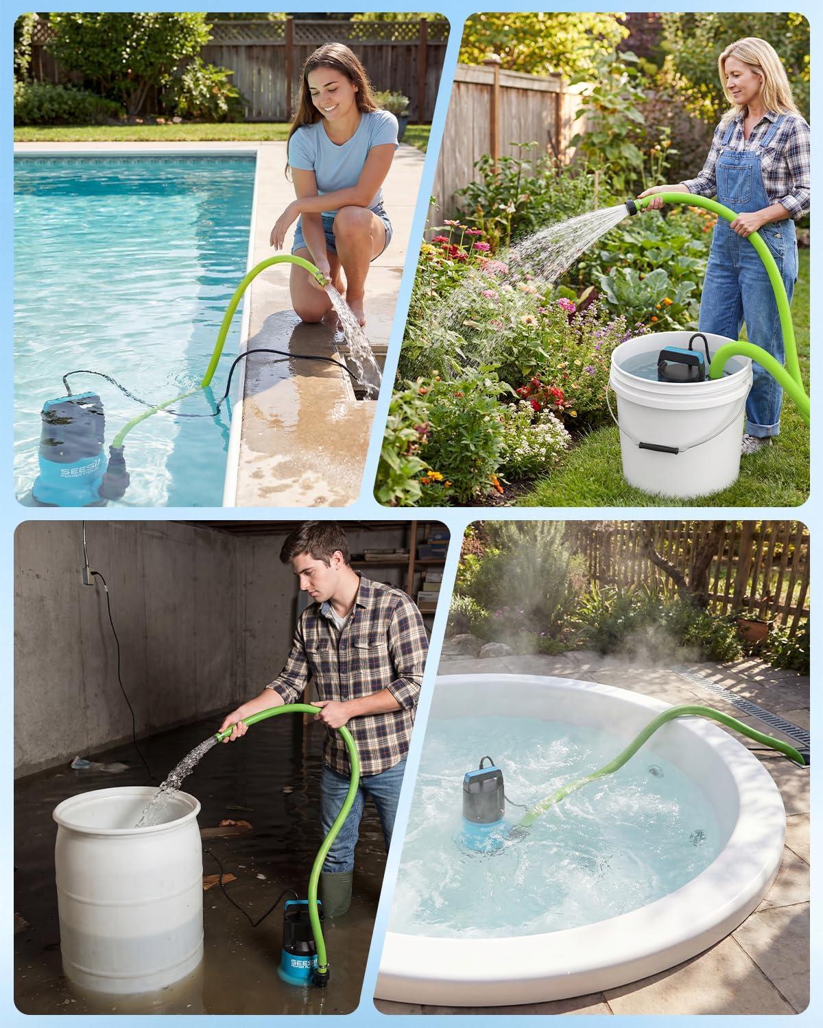 image:imageSEESII 1HP Submersible Water Pump 4755GPH High Flow Sump Pump with 23ft Hose Kit AntiClogging Filter Net for Swimming Pool Hot Tub Pond Basement Rooftop Garden Water RemovalBlue and Black