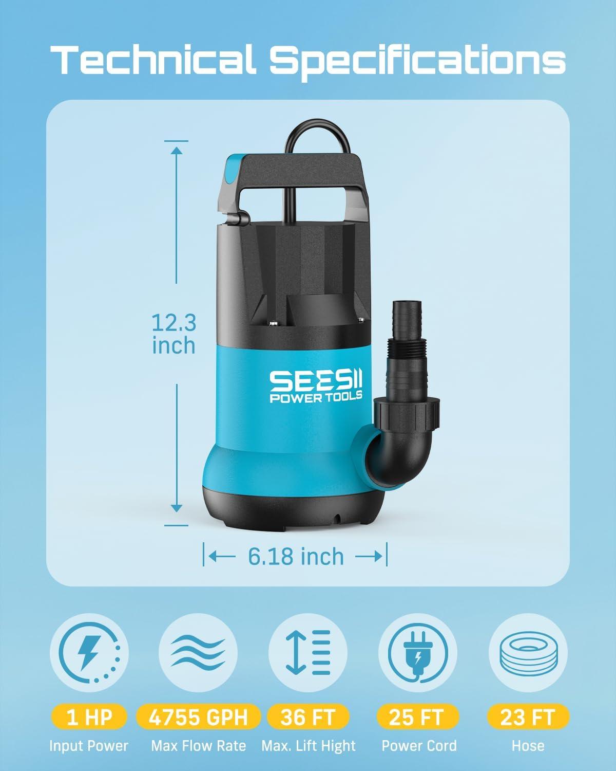 image:imageSEESII 1HP Submersible Water Pump 4755GPH High Flow Sump Pump with 23ft Hose Kit AntiClogging Filter Net for Swimming Pool Hot Tub Pond Basement Rooftop Garden Water RemovalBlue and Black