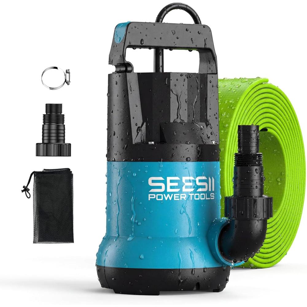 image:imageSEESII 1HP Submersible Water Pump 4755GPH High Flow Sump Pump with 23ft Hose Kit AntiClogging Filter Net for Swimming Pool Hot Tub Pond Basement Rooftop Garden Water RemovalBlue and Black