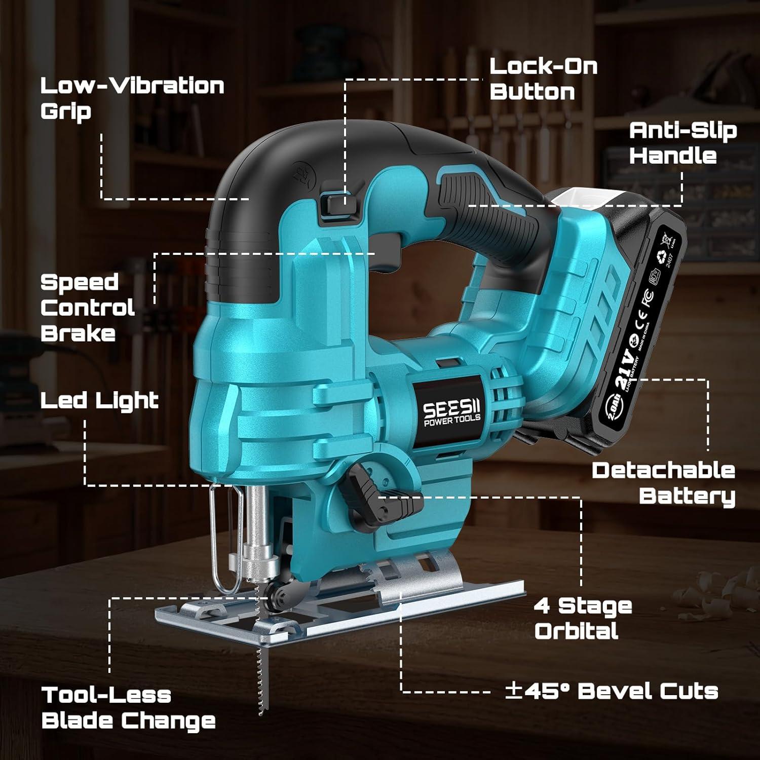 image:imageSEESII Brushless Cordless Jigsaw Tool 240Ah Batteries ToolFree 045 Bevel Cutting 3500 SPM Variable Speed 4 Orbital Settings Electric Jig Saw for Woodworking amp DIY Projects amp Home UseBlue
