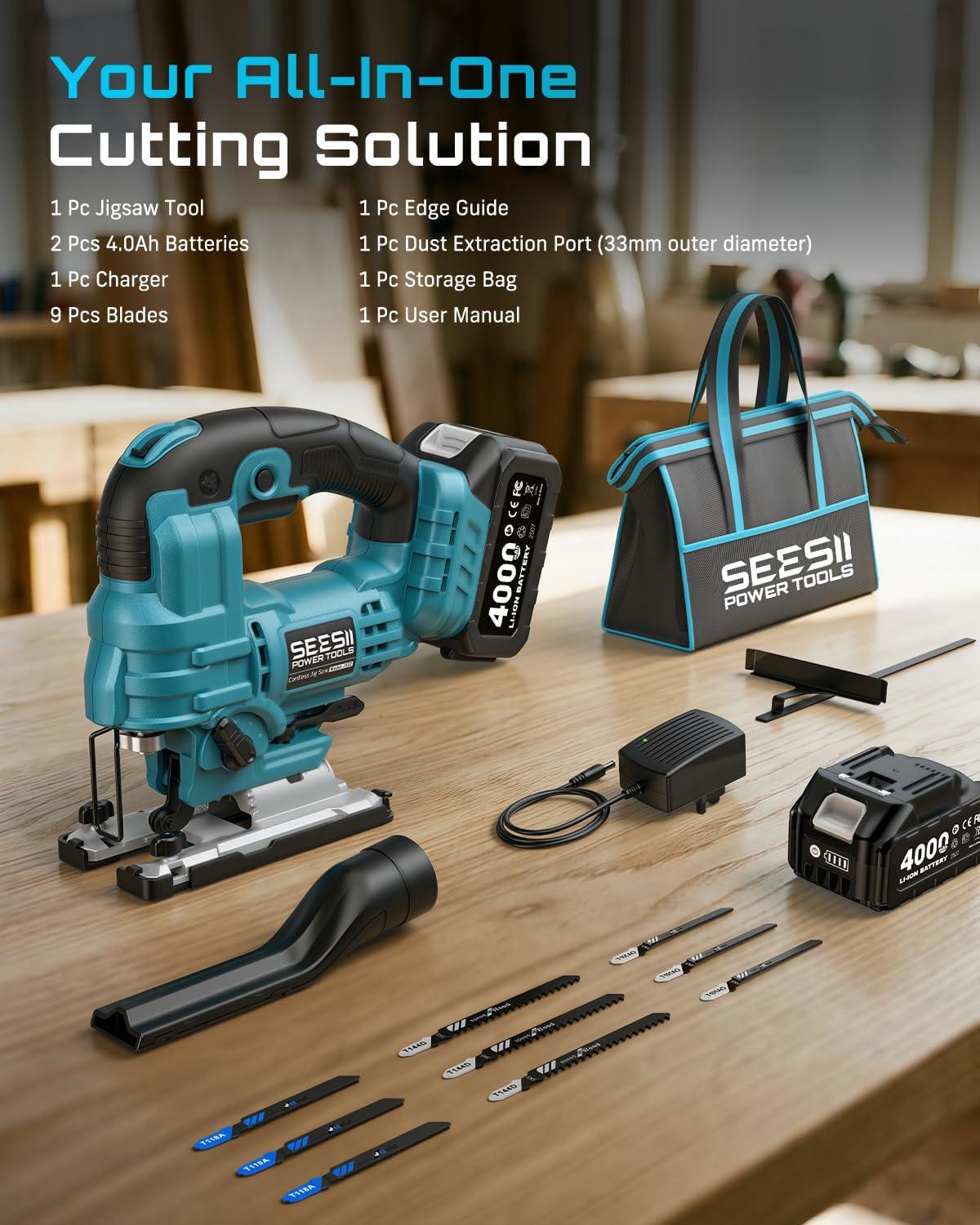 image:imageSEESII Brushless Cordless Jigsaw Tool 240Ah Batteries ToolFree 045 Bevel Cutting 3500 SPM Variable Speed 4 Orbital Settings Electric Jig Saw for Woodworking amp DIY Projects amp Home UseLight Blue