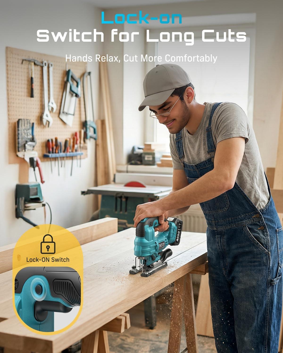 image:imageSEESII Brushless Cordless Jigsaw Tool 240Ah Batteries ToolFree 045 Bevel Cutting 3500 SPM Variable Speed 4 Orbital Settings Electric Jig Saw for Woodworking amp DIY Projects amp Home UseLight Blue