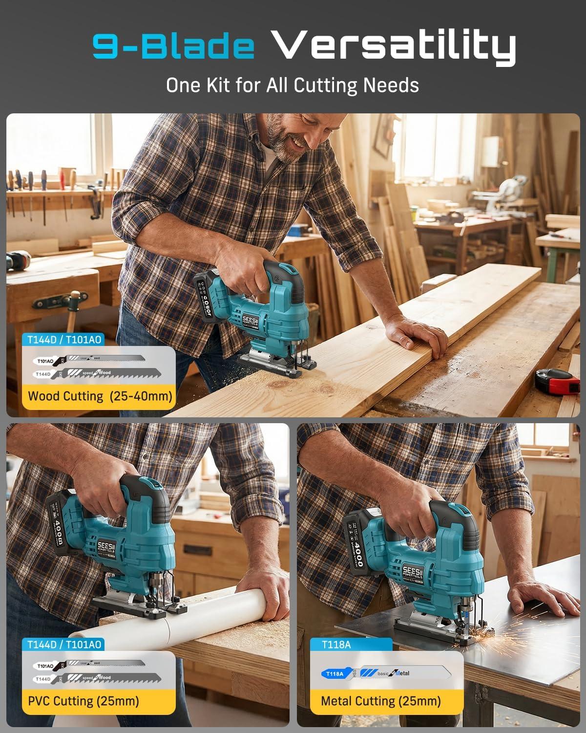 image:imageSEESII Brushless Cordless Jigsaw Tool 240Ah Batteries ToolFree 045 Bevel Cutting 3500 SPM Variable Speed 4 Orbital Settings Electric Jig Saw for Woodworking amp DIY Projects amp Home UseLight Blue