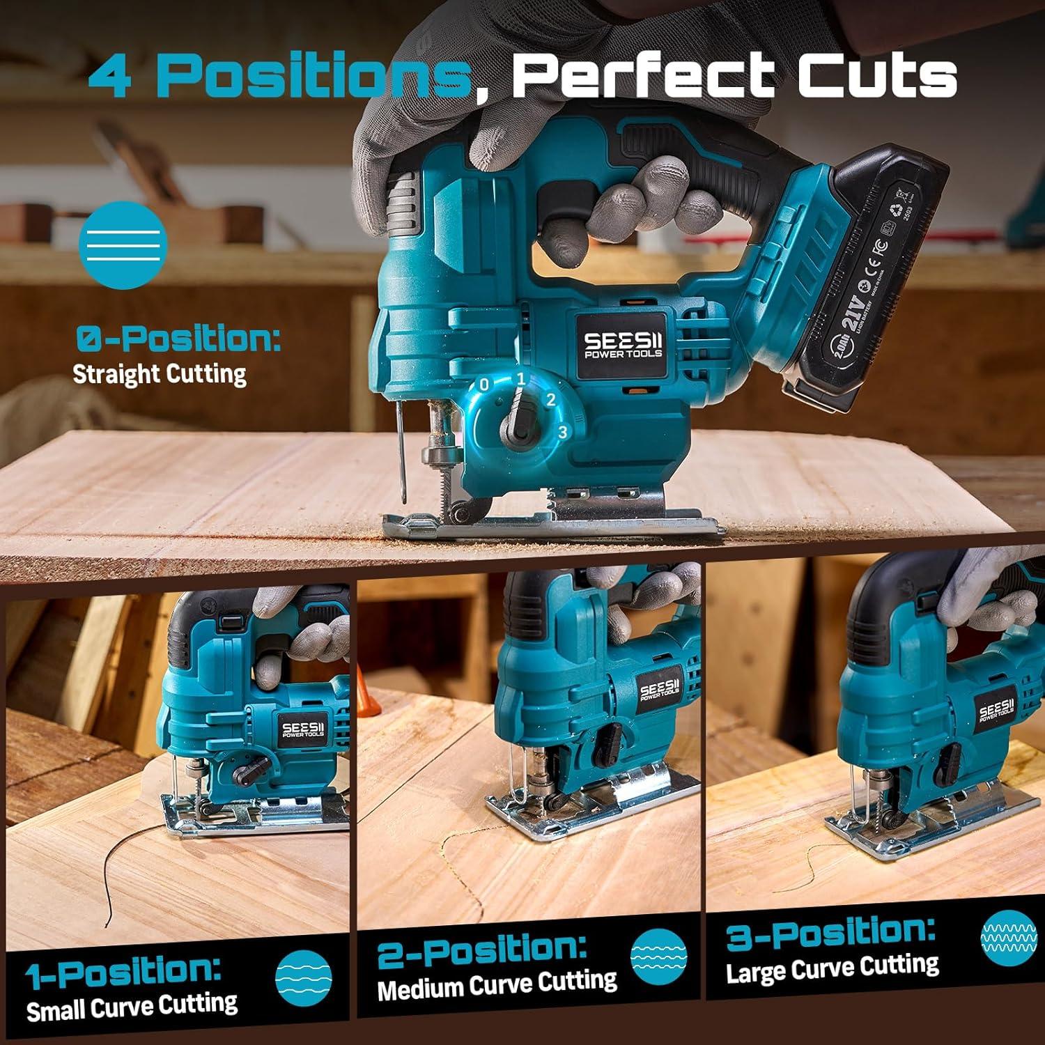 image:imageSEESII Brushless Cordless Jigsaw Tool 240Ah Batteries ToolFree 045 Bevel Cutting 3500 SPM Variable Speed 4 Orbital Settings Electric Jig Saw for Woodworking amp DIY Projects amp Home UseBlue