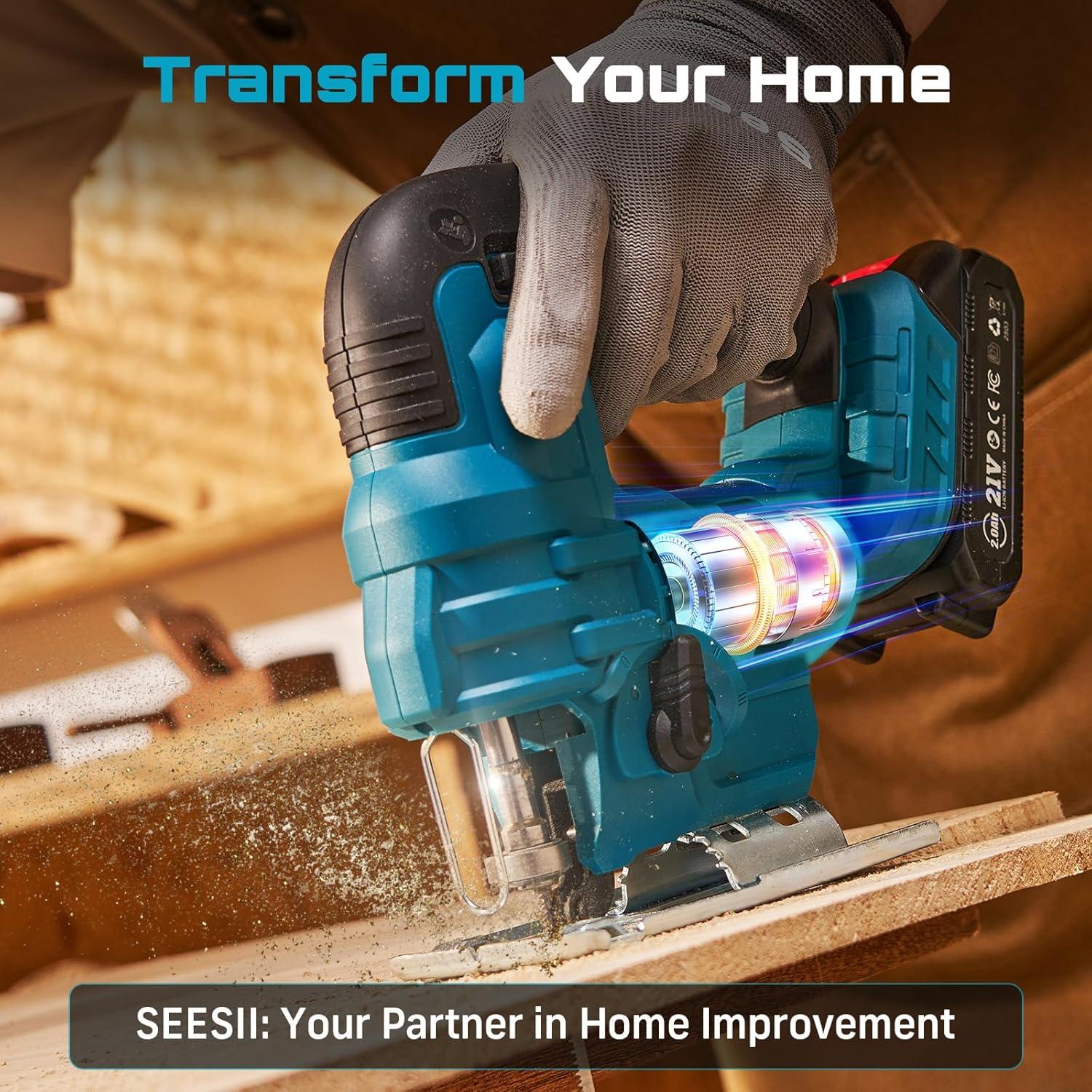 image:imageSEESII Brushless Cordless Jigsaw Tool 240Ah Batteries ToolFree 045 Bevel Cutting 3500 SPM Variable Speed 4 Orbital Settings Electric Jig Saw for Woodworking amp DIY Projects amp Home UseBlue