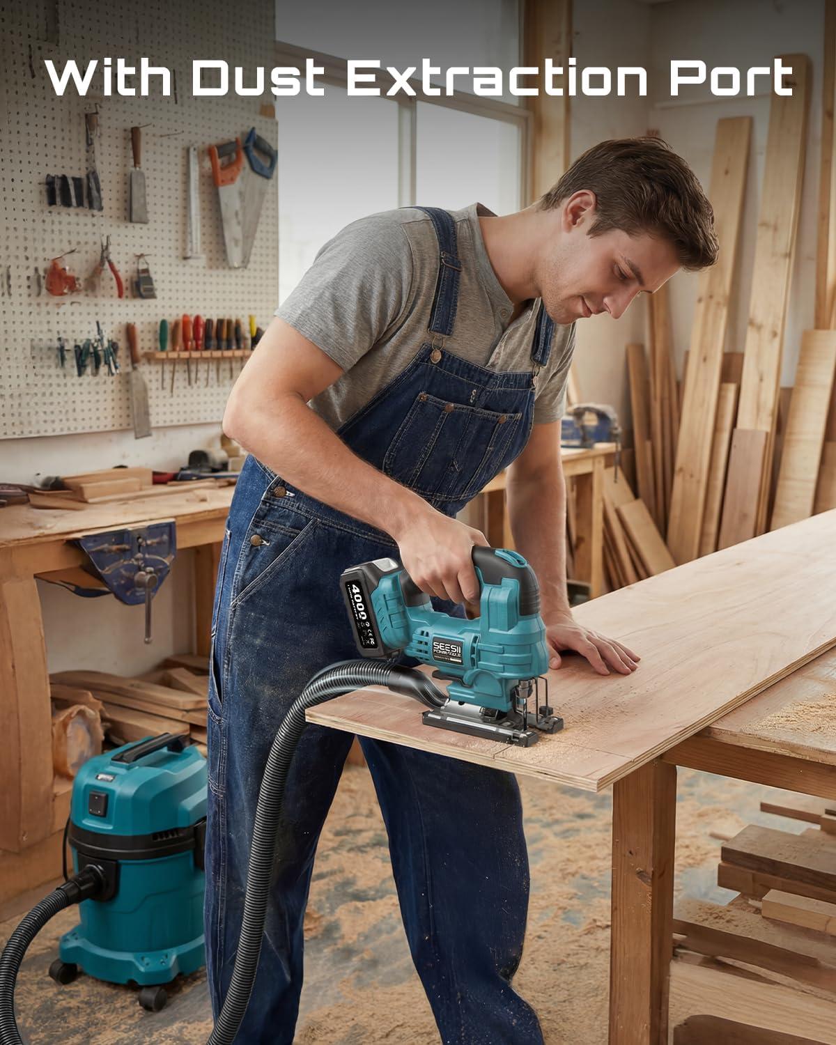 image:imageSEESII Brushless Cordless Jigsaw Tool 240Ah Batteries ToolFree 045 Bevel Cutting 3500 SPM Variable Speed 4 Orbital Settings Electric Jig Saw for Woodworking amp DIY Projects amp Home UseLight Blue