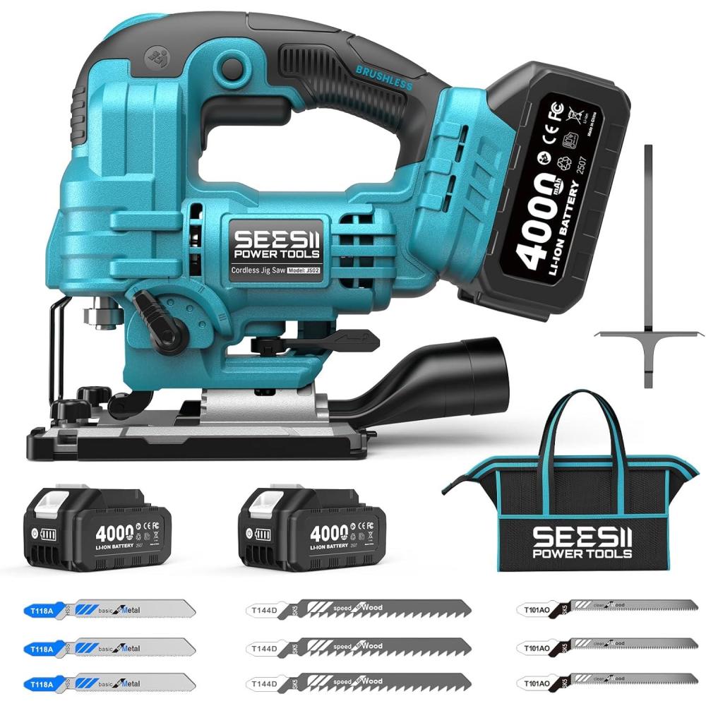 image:imageSEESII Brushless Cordless Jigsaw Tool 240Ah Batteries ToolFree 045 Bevel Cutting 3500 SPM Variable Speed 4 Orbital Settings Electric Jig Saw for Woodworking amp DIY Projects amp Home UseLight Blue
