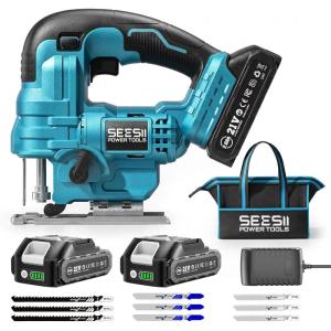 SEESII Brushless Cordless Jigsaw Tool, 2×4.0Ah Batteries, Tool-Free 0–45° Bevel Cutting, 3500 SPM Variable Speed, 4 Orbital Settings, Electric Jig Saw for Woodworking & DIY Projects & Home Use(Blue)