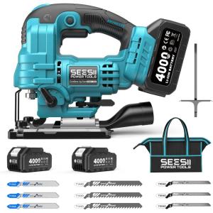 SEESII Brushless Cordless Jigsaw Tool, 2×4.0Ah Batteries, Tool-Free 0–45° Bevel Cutting, 3500 SPM Variable Speed, 4 Orbital Settings, Electric Jig Saw for Woodworking & DIY Projects & Home Use(Light Blue)